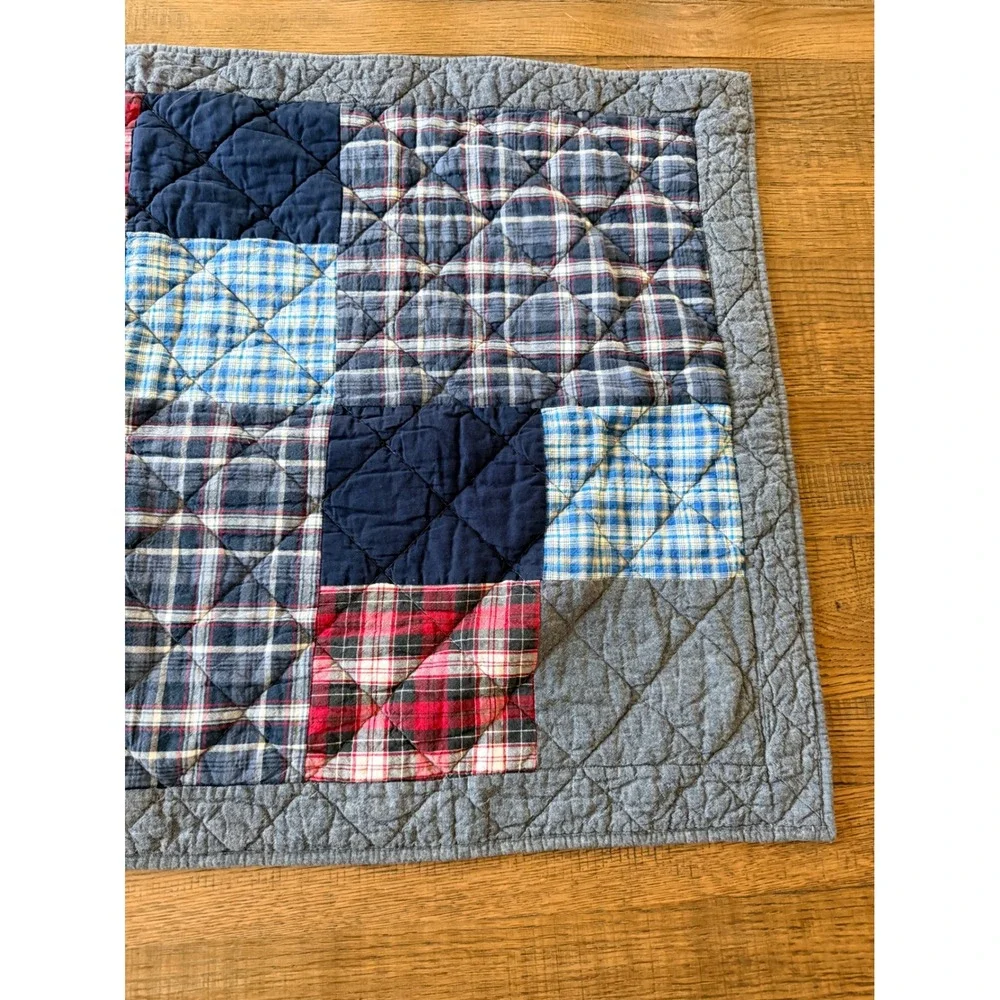 Cremieux Blaine King Pillow Sham Quilted Patchwork Plaid Blue Red Grey Cotton